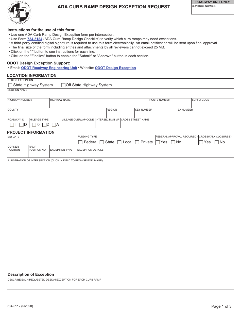 Form 734-5112 Ada Curb Ramp Design Exception Request - Oregon, Page 1
