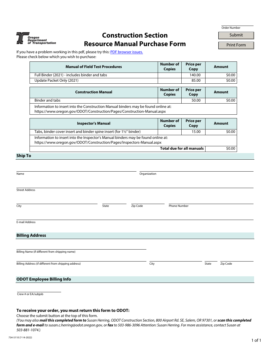 Form 734-5110 Construction Section Resource Manual Purchase Form - Oregon, Page 1