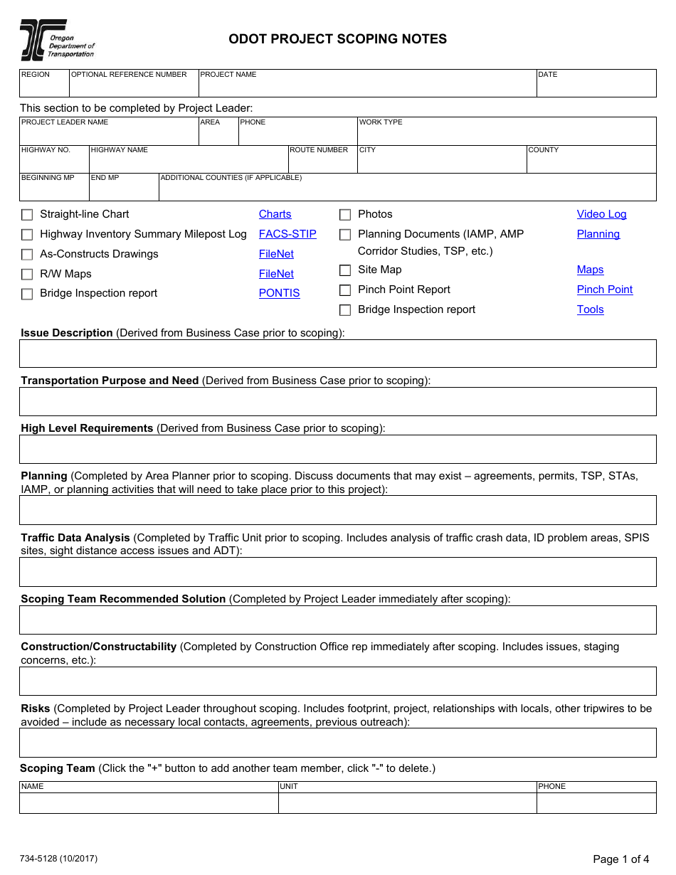 Form 734-5128 Odot Project Scoping Notes - Oregon, Page 1