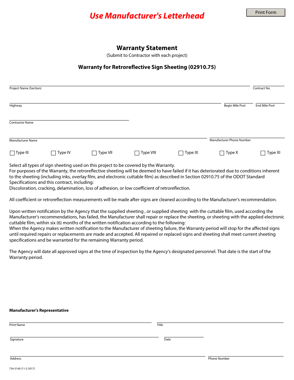 Form 734-5140 Warranty for Retroreflective Sign Sheeting - Oregon, Page 1
