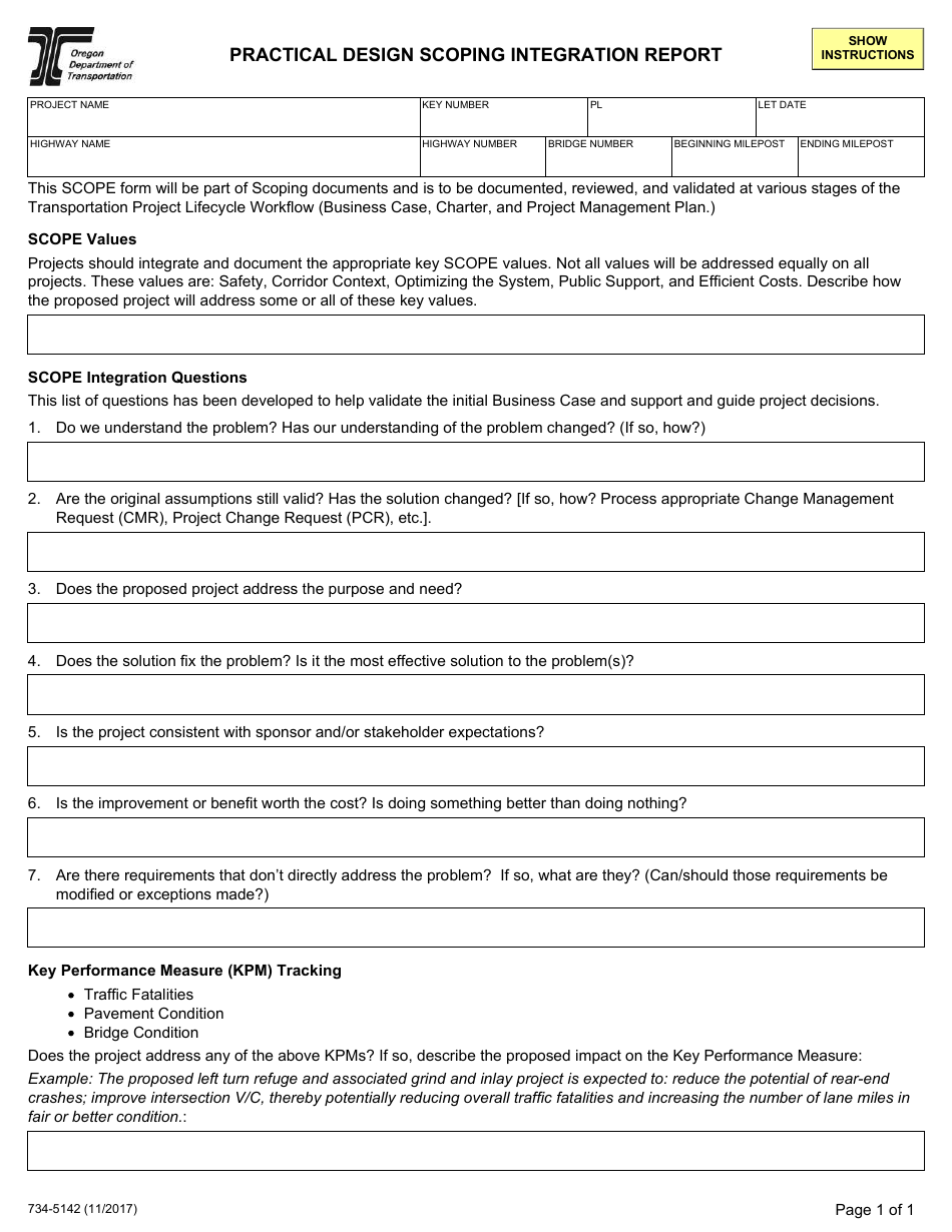 Form 734-5142 Practical Design Scoping Integration Report - Oregon, Page 1