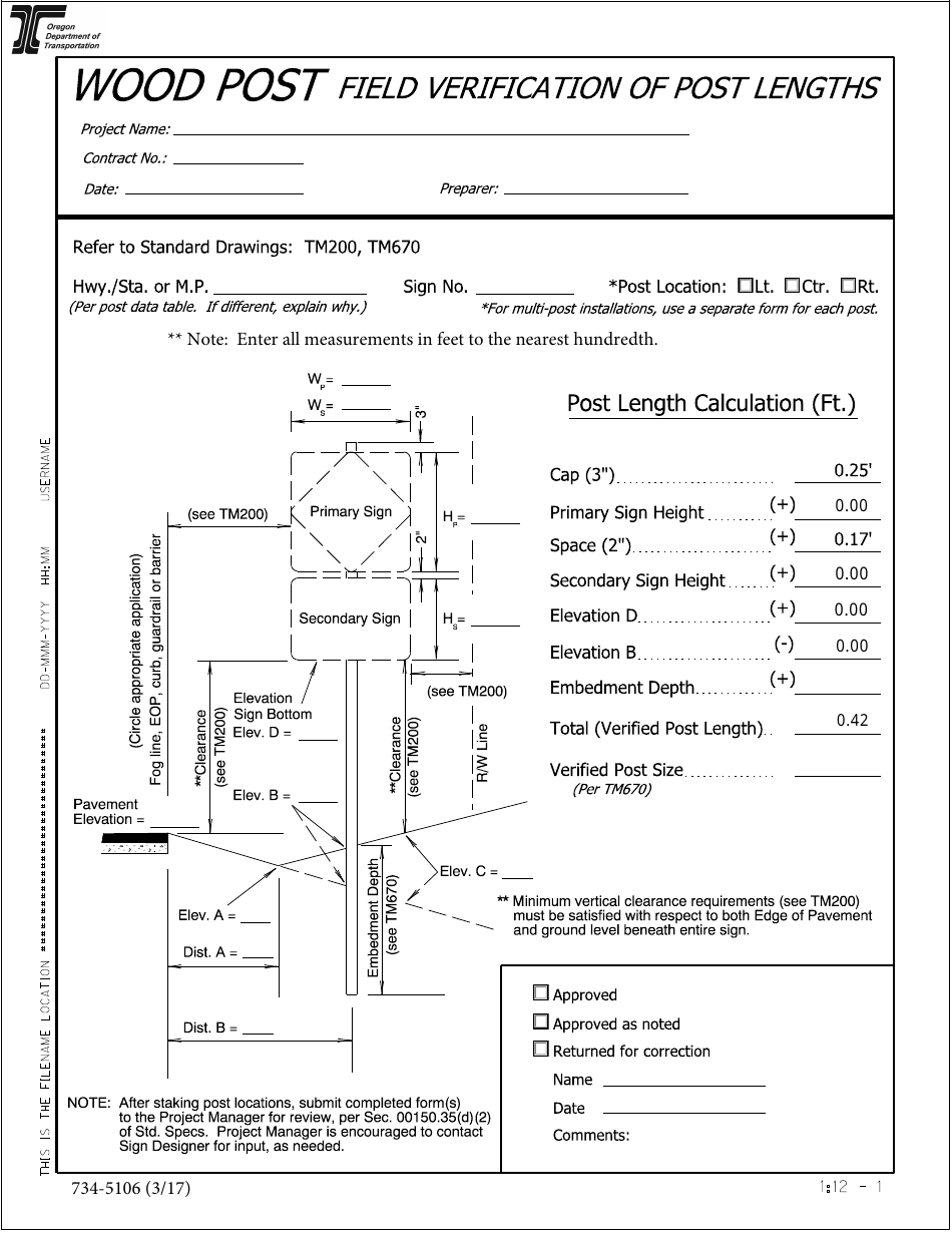 Form 734-5106 Wood Post Field Verification of Post Lengths - Oregon, Page 1