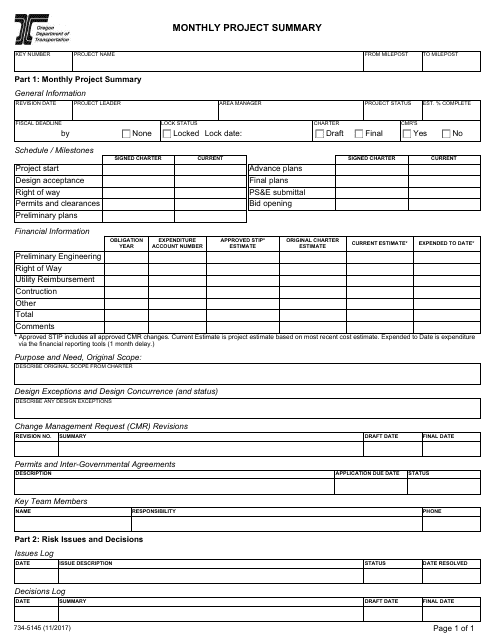 Form 734-5145 Monthly Project Summary - Oregon