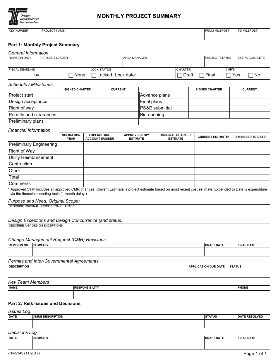 Form 734-5145 Monthly Project Summary - Oregon, Page 1