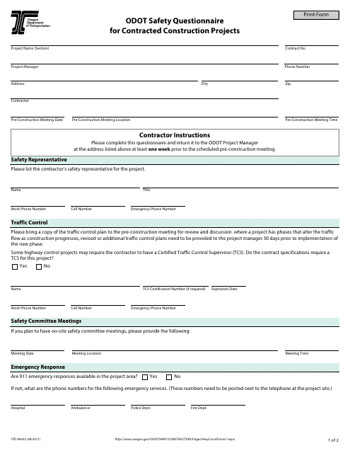 Form STD96002 Odot Safety Questionnaire for Contracted Construction Projects - Oregon