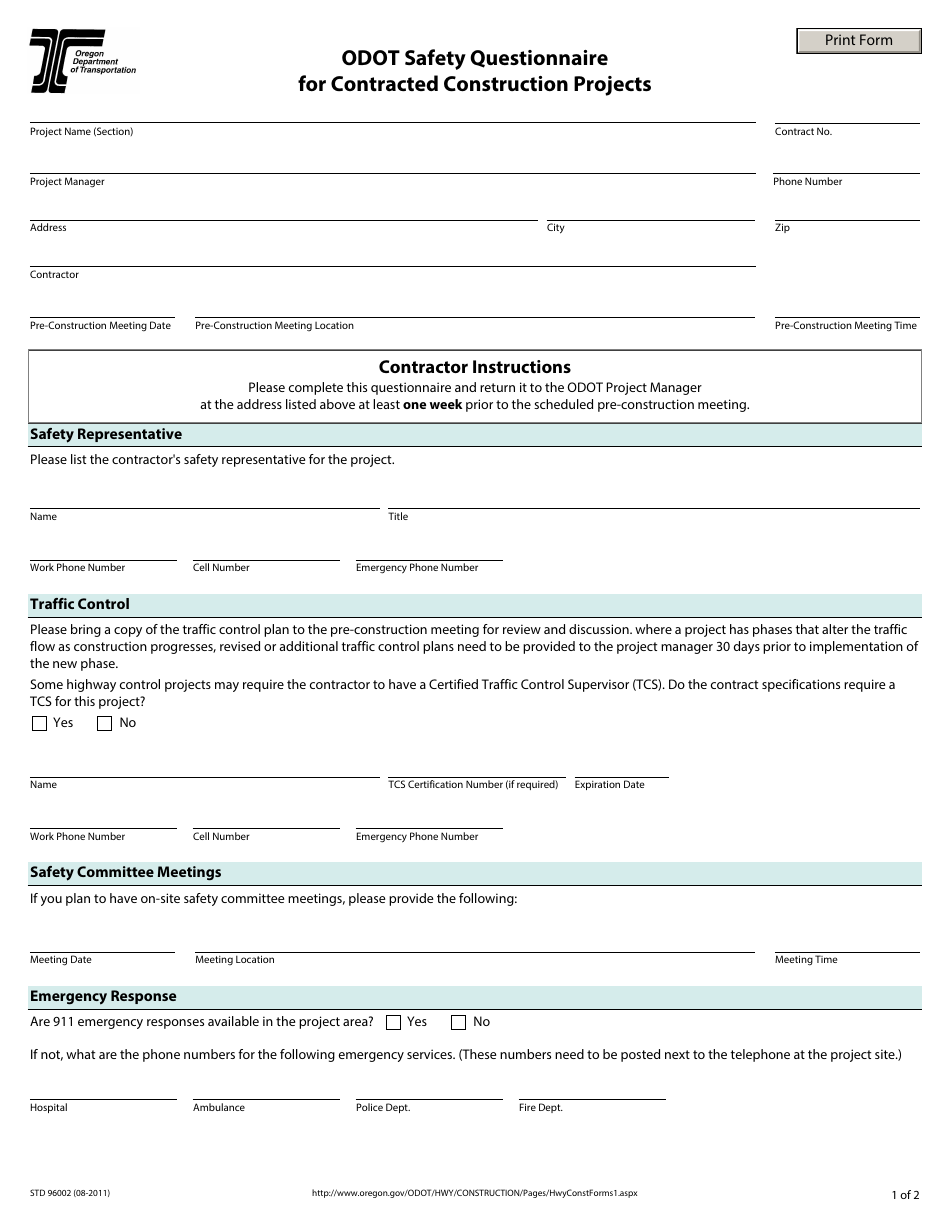 Form STD96002 Odot Safety Questionnaire for Contracted Construction Projects - Oregon, Page 1