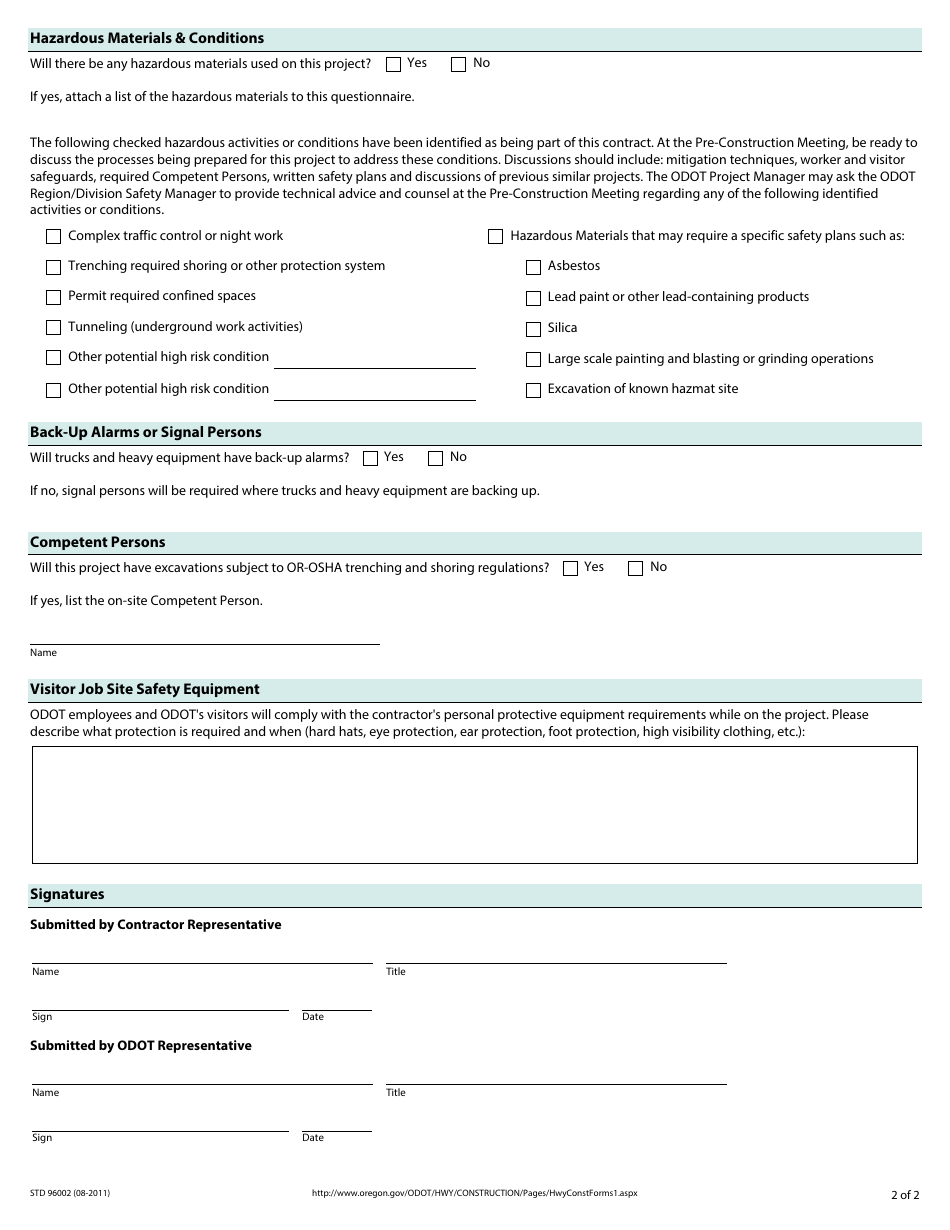 Form STD96002 Odot Safety Questionnaire for Contracted Construction Projects - Oregon, Page 2