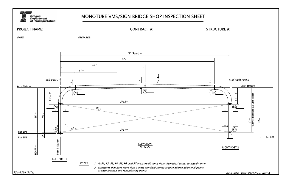 Form 734-5224 Monotube Vms / Sign Bridge Shop Inspection Sheet - Oregon, Page 1