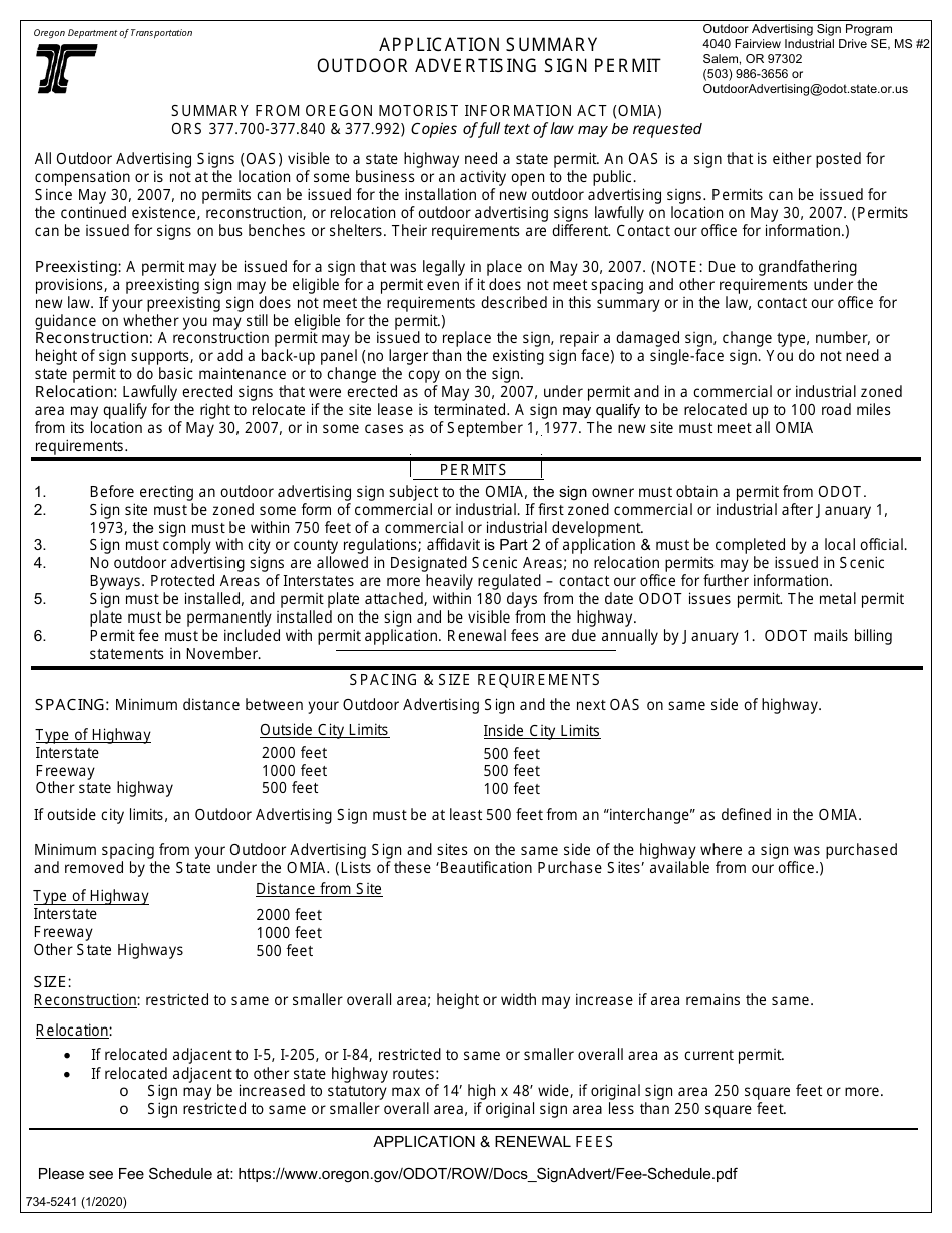 Form 734-5241 Application Summary - Outdoor Advertising Sign Permit - Oregon, Page 1