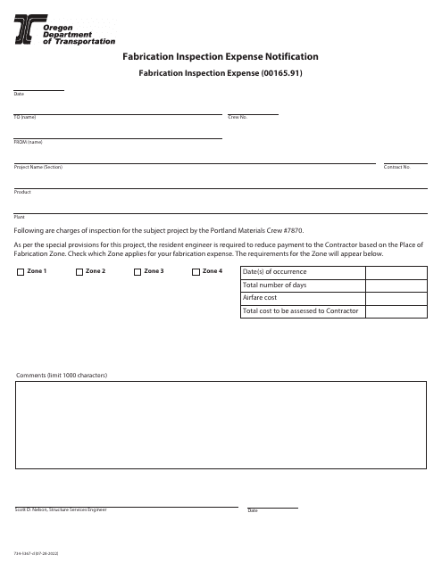 Form 734-5367 Fabrication Inspection Expense Notification - Oregon