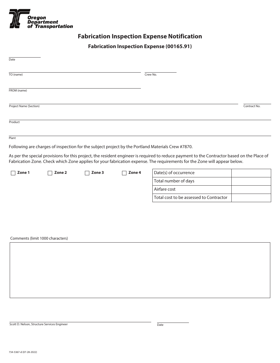 Form 734-5367 Fabrication Inspection Expense Notification - Oregon, Page 1