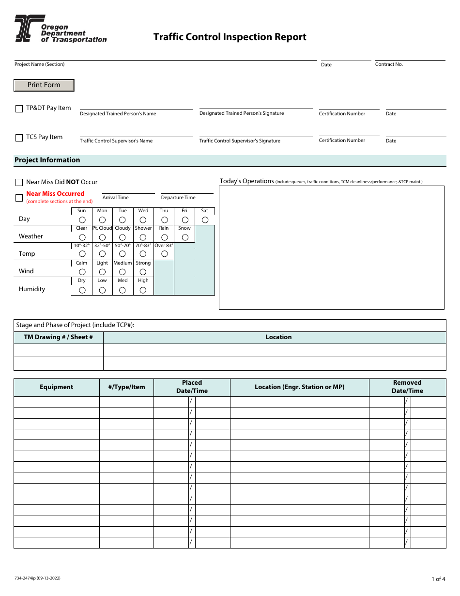Form 734-2474IP Traffic Control Inspection Report (Ipad Compatible) - Oregon, Page 1