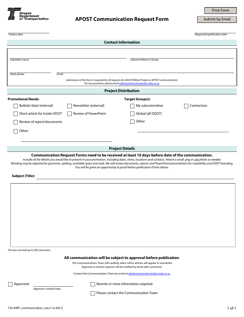 Form 734-AWP Apost Communication Request Form - Oregon, Page 1