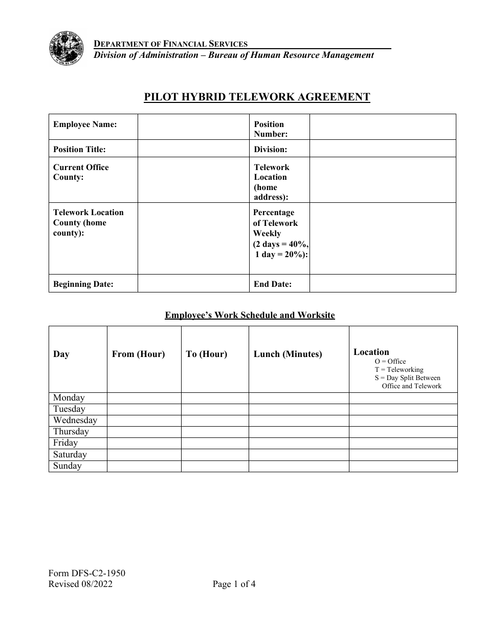 Form DFS-C-2-1950 Pilot Hybrid Telework Agreement - Florida, Page 1