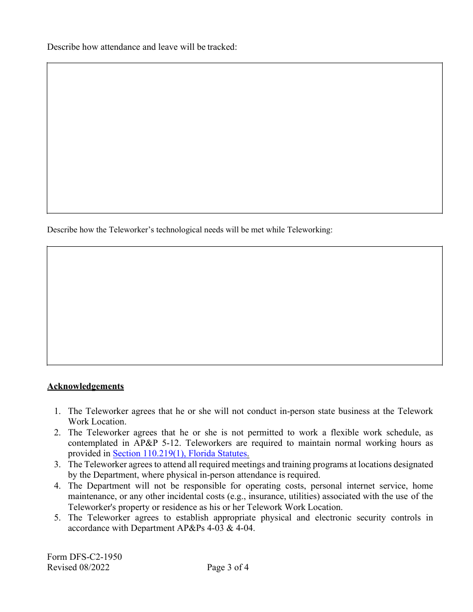 Form DFS-C-2-1950 Pilot Hybrid Telework Agreement - Florida, Page 3