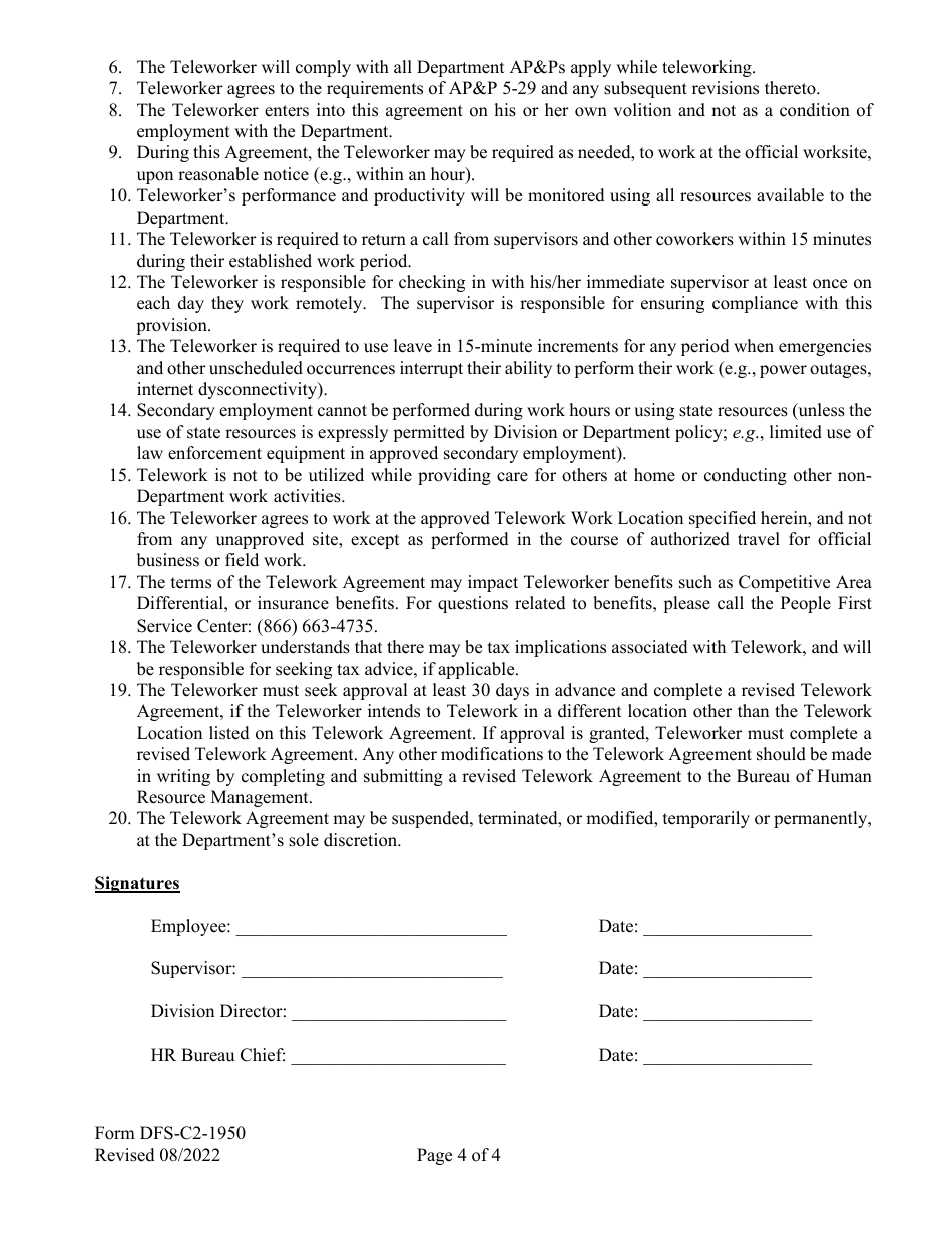 Form DFS-C-2-1950 Pilot Hybrid Telework Agreement - Florida, Page 4