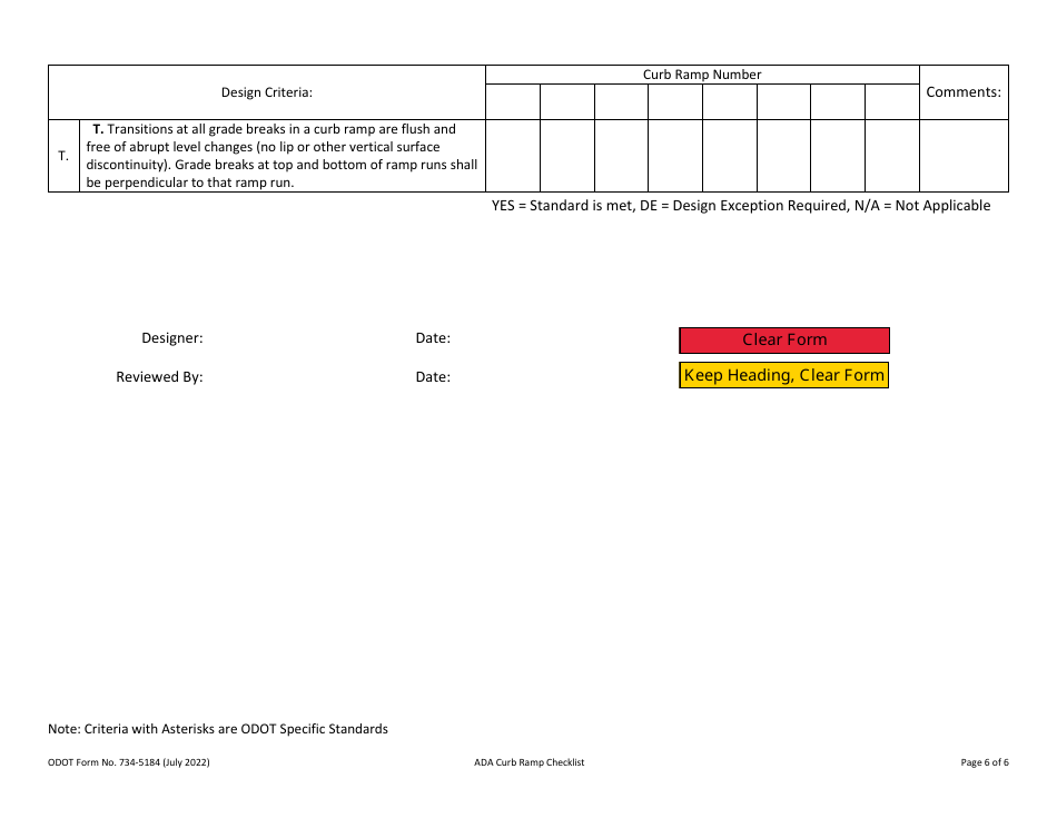 ODOT Form 734-5184 Ada Curb Ramp Design Check List - Oregon, Page 6