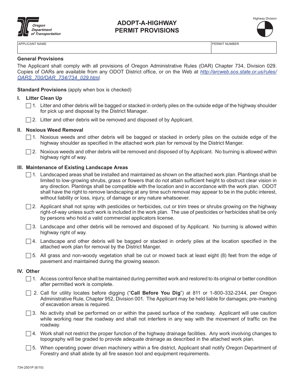 Form 734-2501P Adopt-A-highway Permit Provisions - Oregon, Page 1