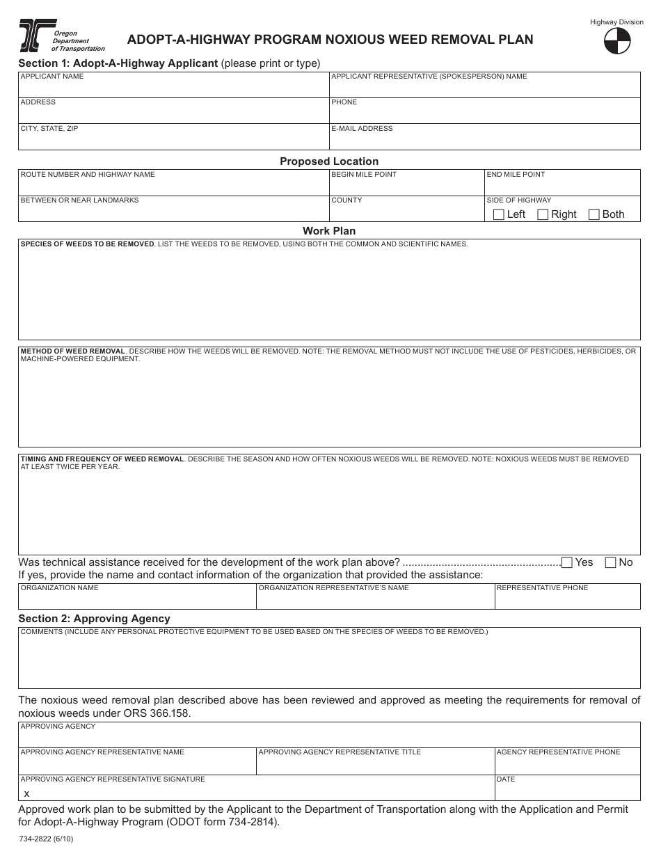 Form 734-2822 Adopt-A-highway Program Noxious Weed Removal Plan - Oregon, Page 1