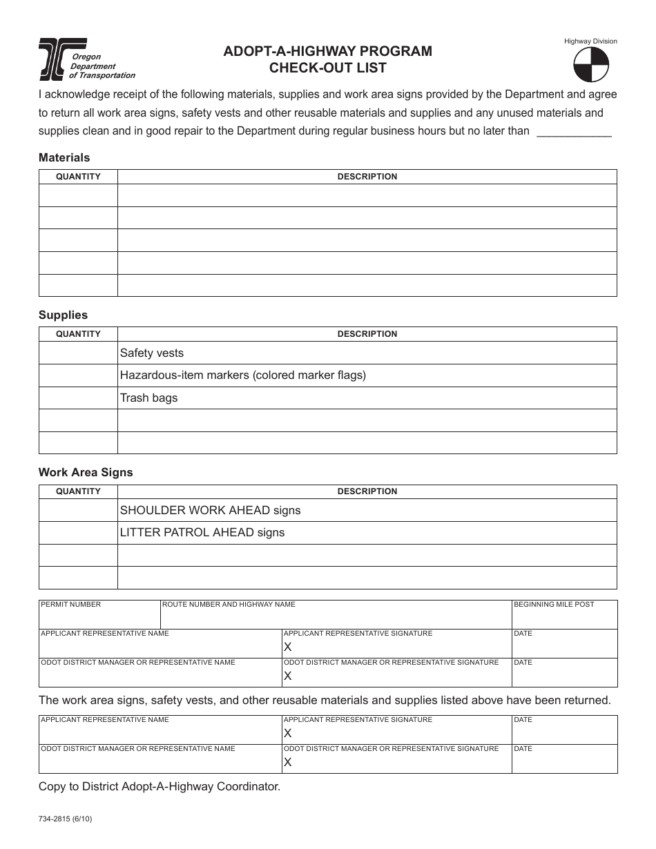Form 734-2815 Check-Out List - Adopt-A-highway Program - Oregon, Page 1