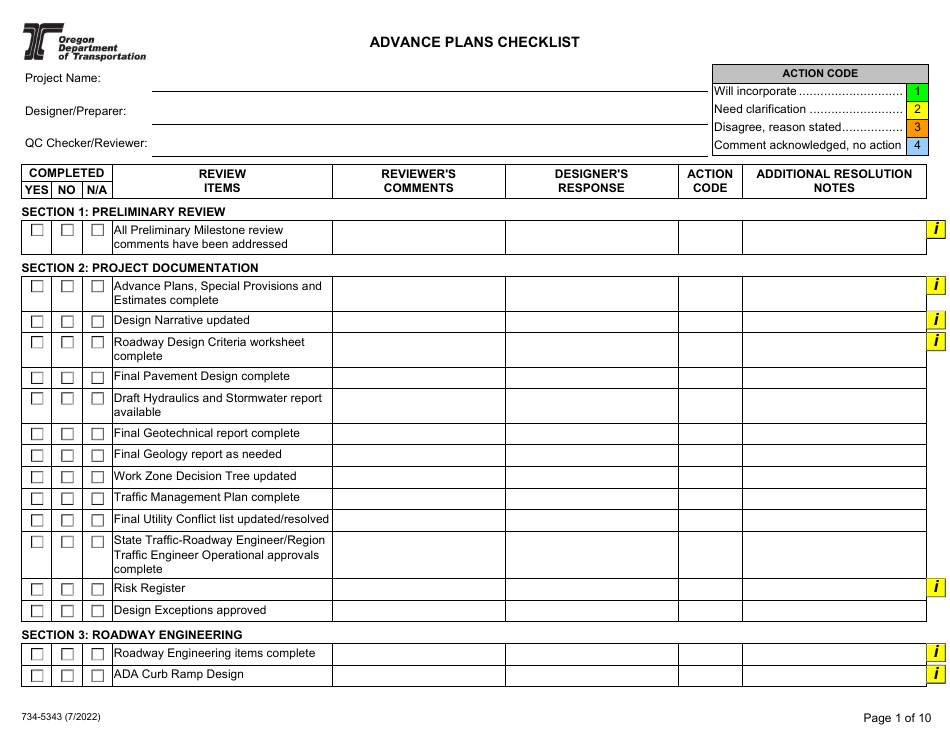 Form 734-5343 Advance Plans Checklist - Oregon, Page 1