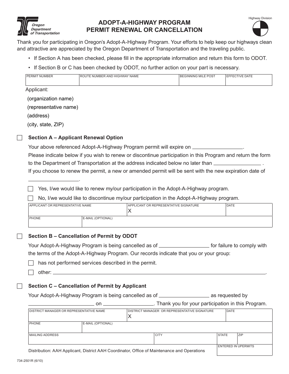 Form 734-2501R Permit Renewal or Cancellation - Adopt-A-highway Program - Oregon, Page 1