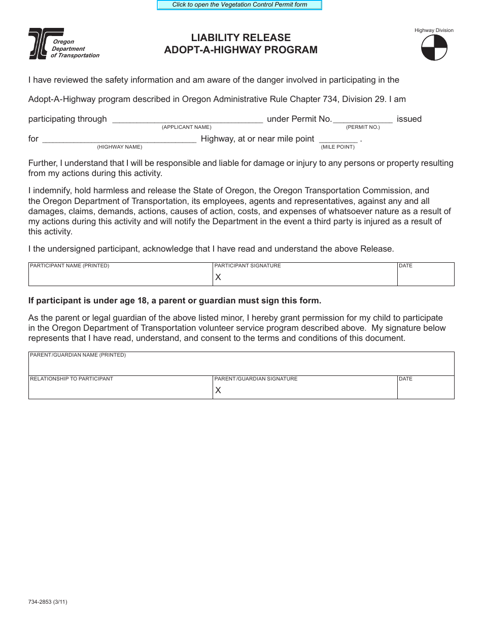 Form 734 2853 Download Fillable Pdf Or Fill Online Liability Release