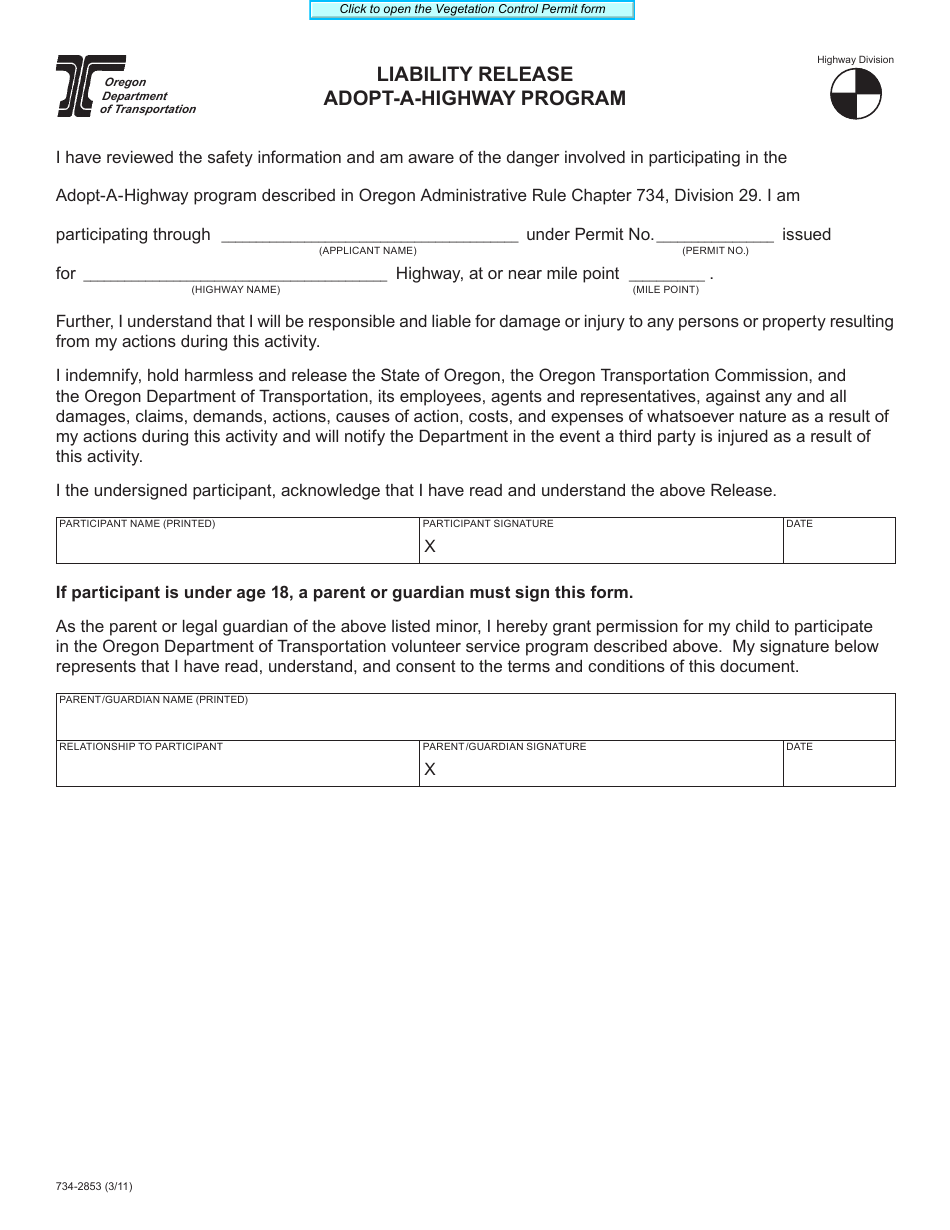 Form 734-2853 Liability Release - Adopt-A-highway Program - Oregon, Page 1