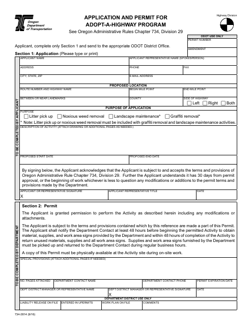 Form 734-2814 Application and Permit for Adopt-A-highway Program - Oregon
