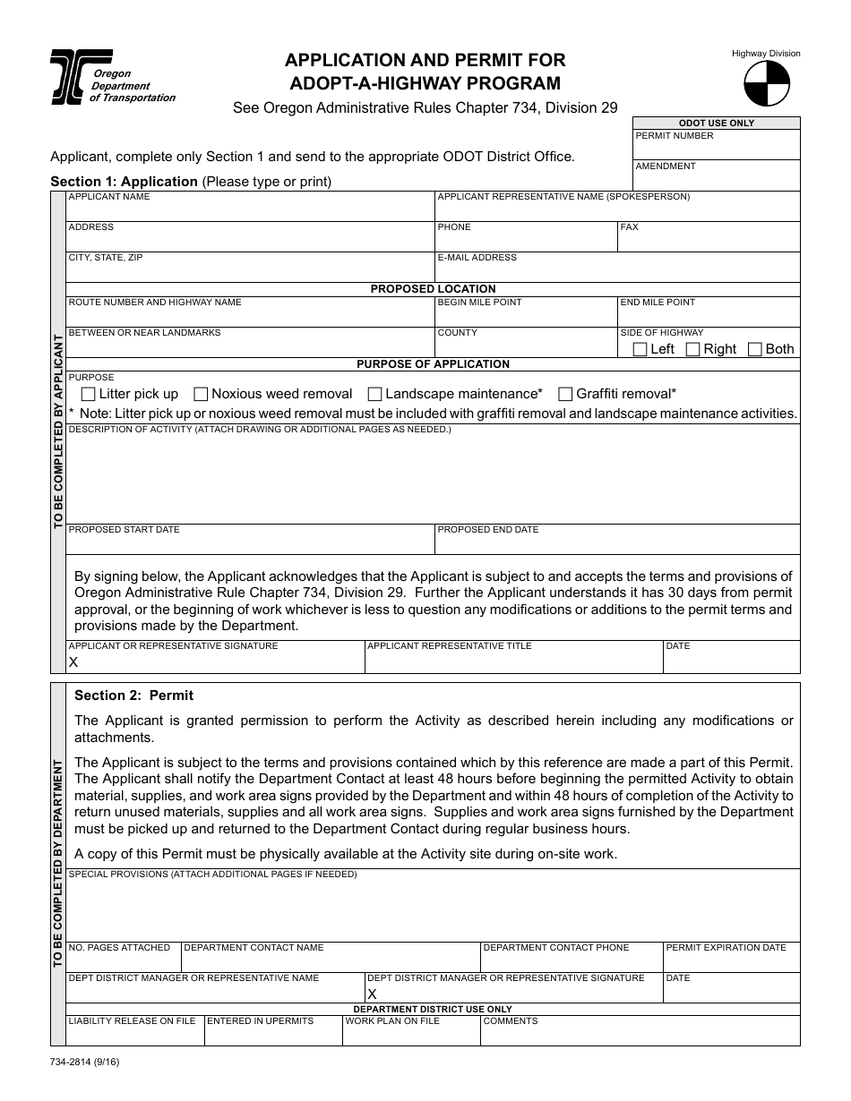 Form 734-2814 Application and Permit for Adopt-A-highway Program - Oregon, Page 1