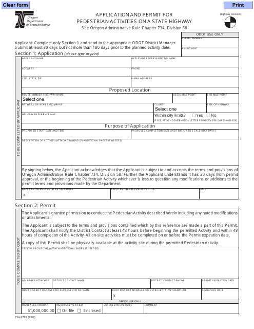 Form 734-2708 Application and Permit for Pedestrian Activities on a State Highway - Oregon