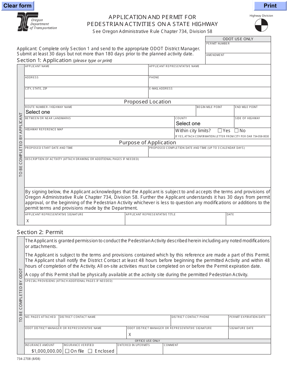 Form 734-2708 Application and Permit for Pedestrian Activities on a State Highway - Oregon, Page 1