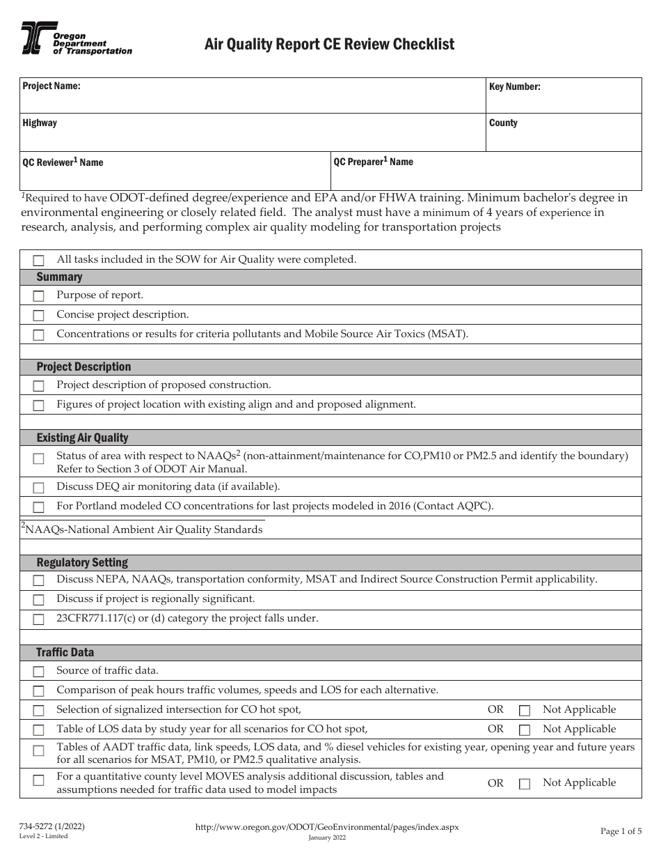 Form 734-5272 Air Quality Report Ce Review Checklist - Oregon, Page 1