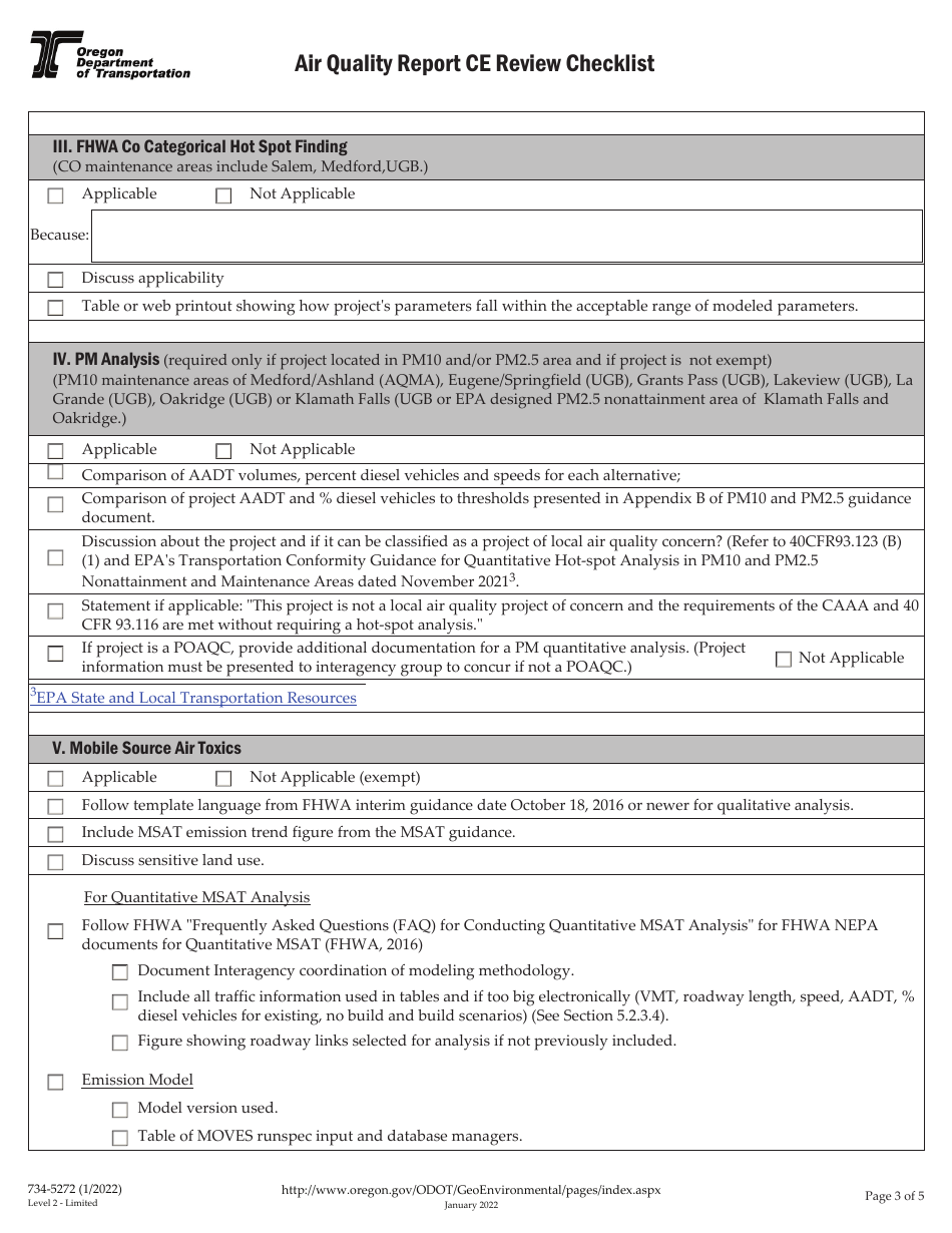 Form 734-5272 Air Quality Report Ce Review Checklist - Oregon, Page 3