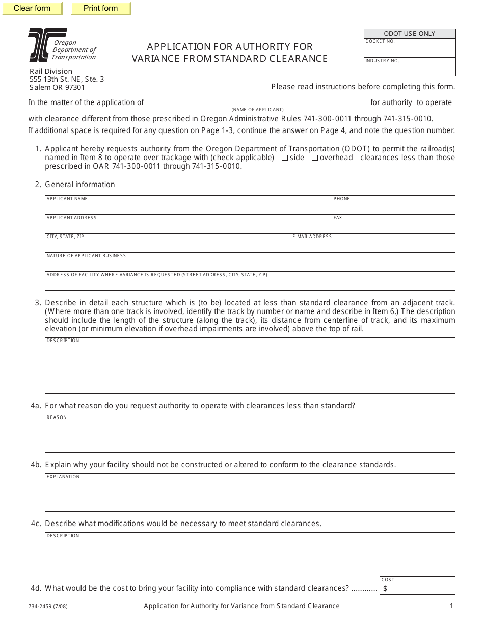 Form 734-2459 Application for Authority for Variance From Standard Clearance - Oregon, Page 1