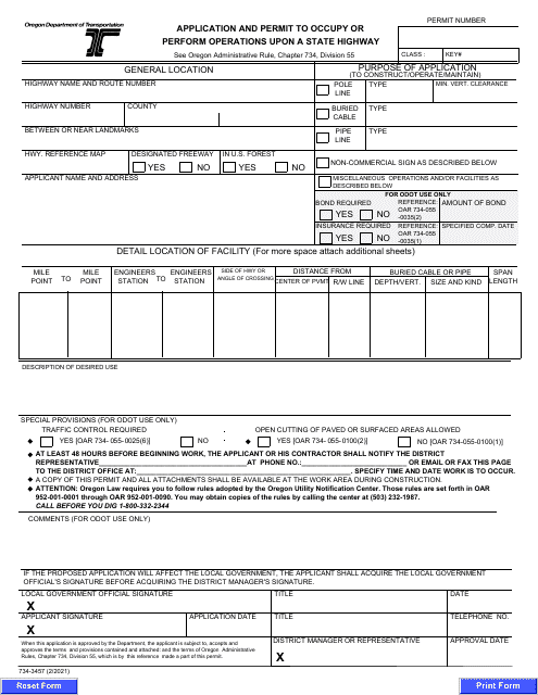 Form 734-3457 Application and Permit to Occupy or Perform Operations Upon a State Highway - Oregon