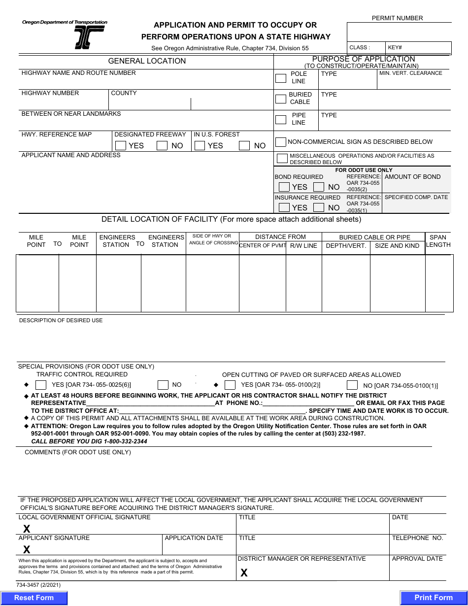 Form 734-3457 Application and Permit to Occupy or Perform Operations Upon a State Highway - Oregon, Page 1