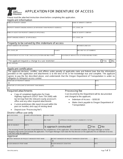 Form 734-3792 Application for Indenture of Access - Oregon