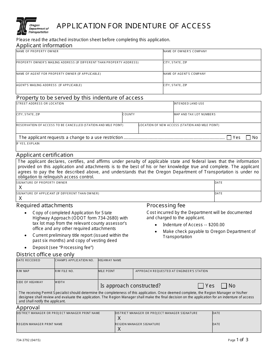 Form 734-3792 Application for Indenture of Access - Oregon, Page 1