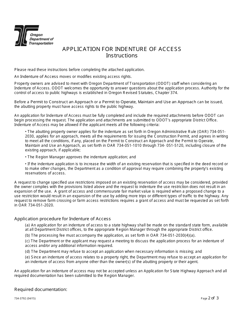 Form 734-3792 Application for Indenture of Access - Oregon, Page 2