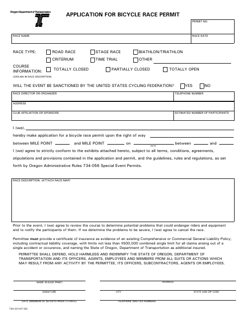 Form 734-2214 Application for Bicycle Race Permit - Oregon