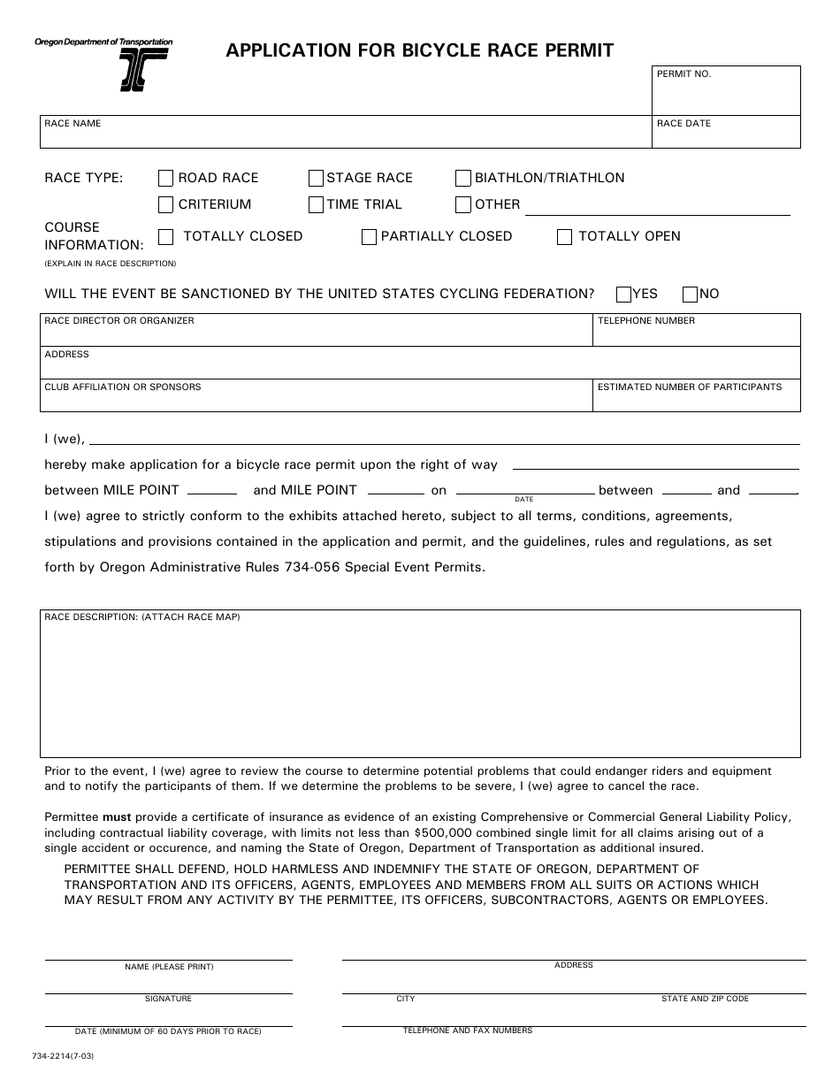 Form 734-2214 Application for Bicycle Race Permit - Oregon, Page 1