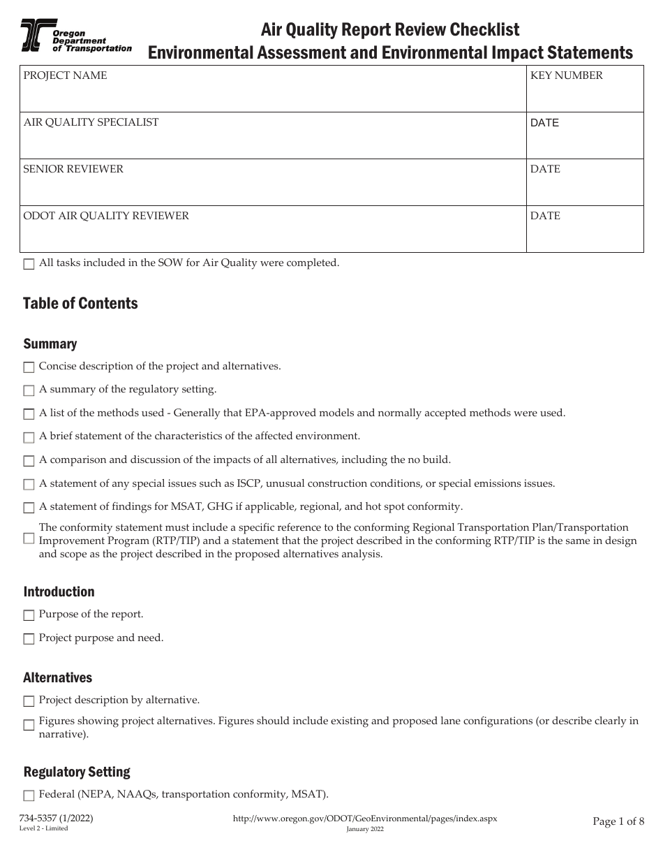 Form 734-5357 Air Quality Report Review Checklist - Environmental Assessment and Environmental Impact Statements - Oregon, Page 1