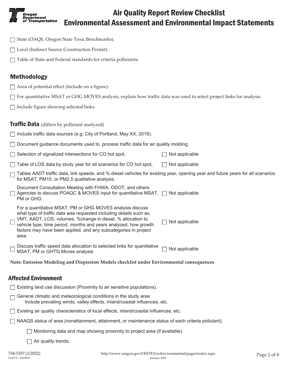 Form 734-5357 Air Quality Report Review Checklist - Environmental Assessment and Environmental Impact Statements - Oregon, Page 2
