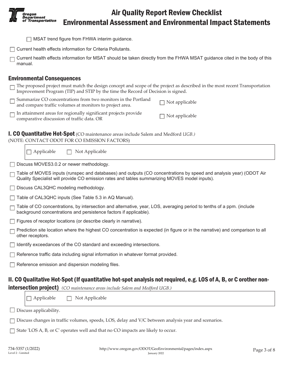 Form 734-5357 Air Quality Report Review Checklist - Environmental Assessment and Environmental Impact Statements - Oregon, Page 3
