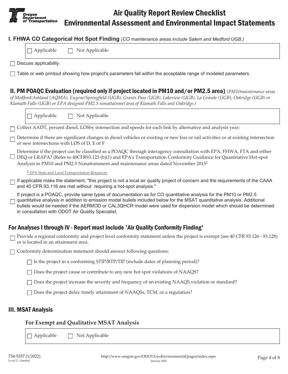 Form 734-5357 Air Quality Report Review Checklist - Environmental Assessment and Environmental Impact Statements - Oregon, Page 4