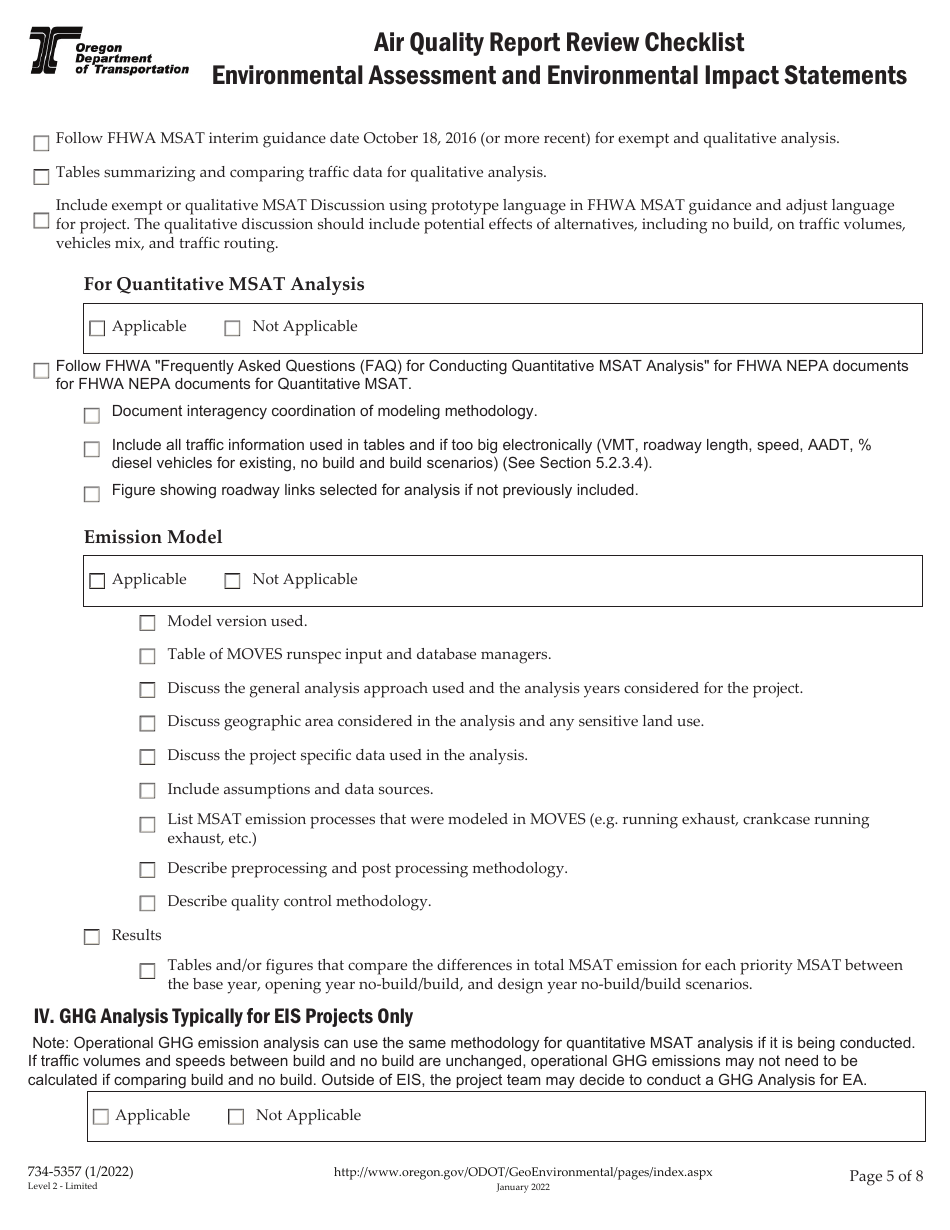 Form 734-5357 Air Quality Report Review Checklist - Environmental Assessment and Environmental Impact Statements - Oregon, Page 5