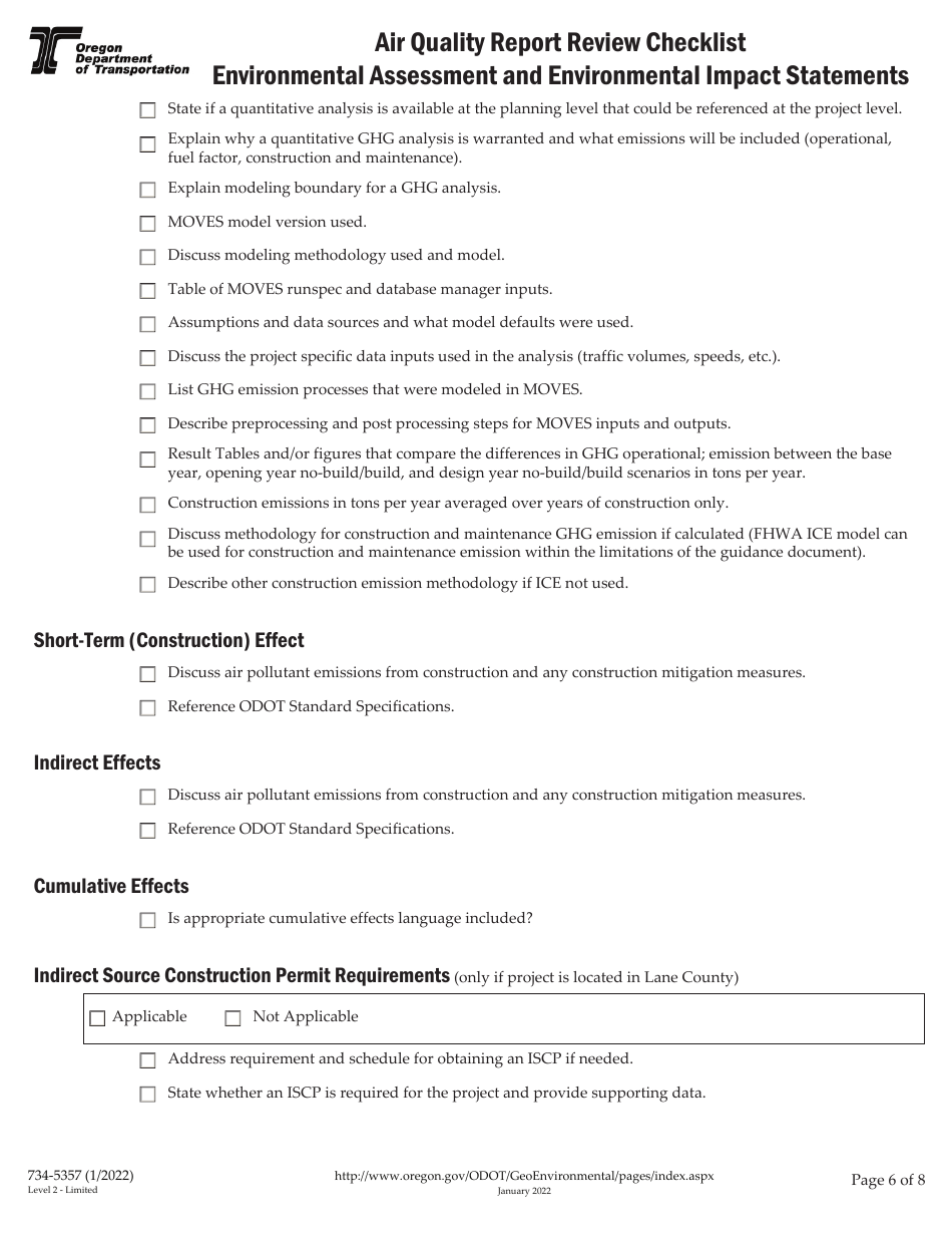Form 734-5357 Air Quality Report Review Checklist - Environmental Assessment and Environmental Impact Statements - Oregon, Page 6