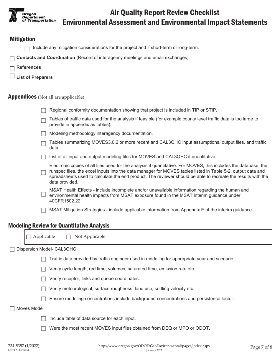 Form 734-5357 Air Quality Report Review Checklist - Environmental Assessment and Environmental Impact Statements - Oregon, Page 7