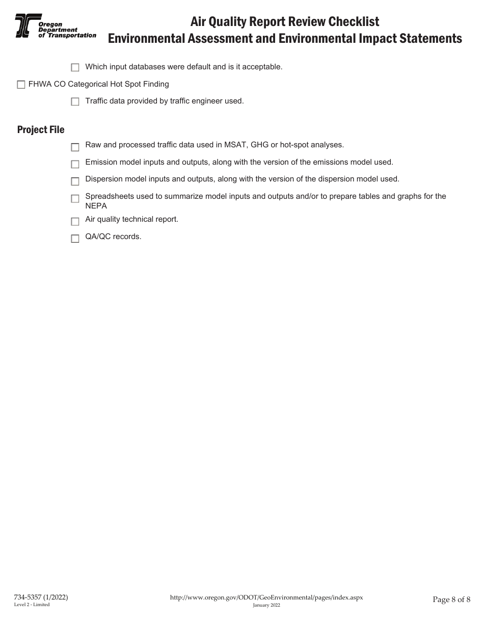 Form 734-5357 Air Quality Report Review Checklist - Environmental Assessment and Environmental Impact Statements - Oregon, Page 8